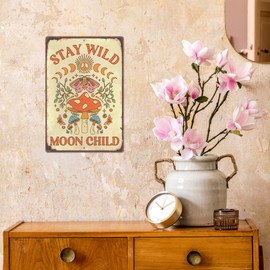 Putuo Decor Stay Wild Moon Child Sign, Retro Mushroom Wall Decor, 12 x 8 Inches Aluminum for Bathroom, Living Room