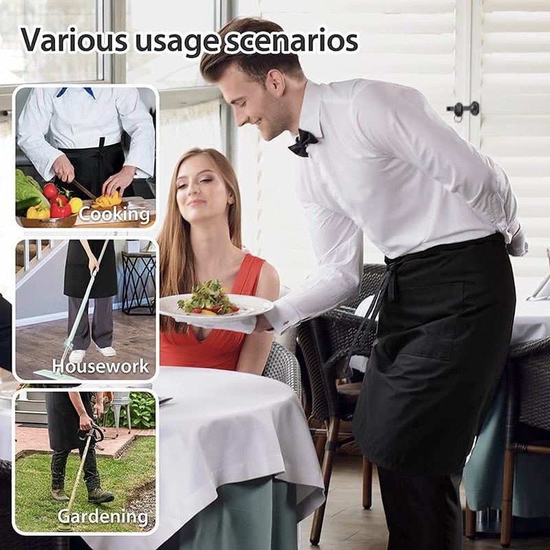 ROTANET Long Server Apron Black with 3 Pockets Bistro Half