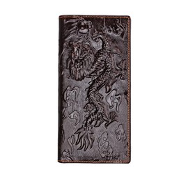 Mens Brown Wallet with Credit Card Holder Dragon Pattern Long Style