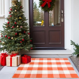 USTIDE Buffalo Plaid Check Rug Orange and White Cotton Rug 27.5"x43.3" Machine Washable Outdoor Rugs Layered Doormats for Porch Kitchen Farmhouse