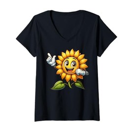 Womens Cartoon Sunflower Character For Children Say Aye Face V-Neck T-Shirt