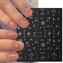 Metallic Silver Nail Art Stickers 3D Self-Adhesive Nails Stickers Bohemian Sun Moon Hexagram Butterfly Heart French Tip Decal Supplies Women DIY Silver Metal Nail Art Decoration 4Sheets