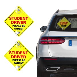 povtii 2PCS Student Driver Sign for Car Window, 5×5 Inch Please Be Patient Student Driver Warning Sticker, Removable New Driver Safety Sign Decal with Suction Cups, Car Accessories (Student Driver, Red)