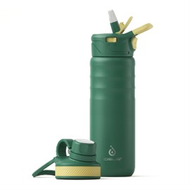 IDEUS Insulated Stainless Steel Water Bottle with 2 Leak-Proof Lids, Thermal Water Flask for Hiking Biking, 24oz, Green