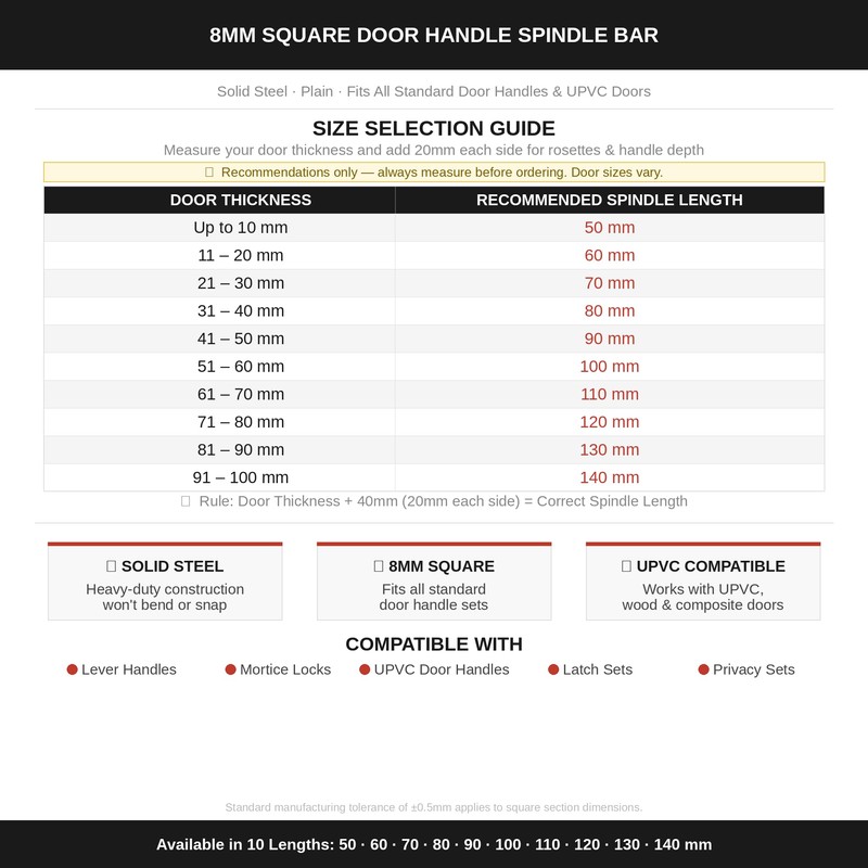 8mm x 80mm Plain Door Handle Spindle Square Solid Steel