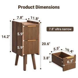 ELYKEN Narrow Side Table, Fluted Nightstand with Drawers, Wooden Small End Table for Small Spaces, Modern Skinny Bedside Table, Slim Nightstand for Bedroom, Walnut