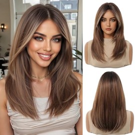Ginger Pelucas para las mujeres de longitud media larga peluca recta con cortina Bangs Pelucas de pelo sintético resistente al calor para todos los dí