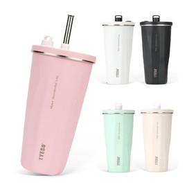 TYESO Tumbler with Straw, 16.5 fl oz (470 ml), Stainless Steel with Lid, Vacuum Insulated, Hot and Cold Insulated, Outdoors, Convenient to Carry, Direct Drinking, Leak Free, Large Capacity
