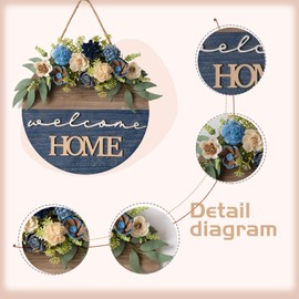 Spring/Summer Welcome Sign for Front Door 16 Inch Round Wood Sign with Rice-Paper Plant Flowers Hanging for Farmhouse Porch Door Decoration (Blue)