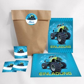 JuNa-Experten Set of 8 Invitation Cards, Envelopes, Bags / Natural, Stickers Children's Birthday Monster Truck Boys Birthday Invitations Invitations