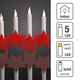 Hellum LED-Kerzenleuchter, Schwibbogen, Kunststoff, rote Sterne, 5 warm-weiße LEDs, 27x17 cm, Kabel transparent, Indoor, batteriebetrieben (3AA), Weihnachts-Dekoration, 520309