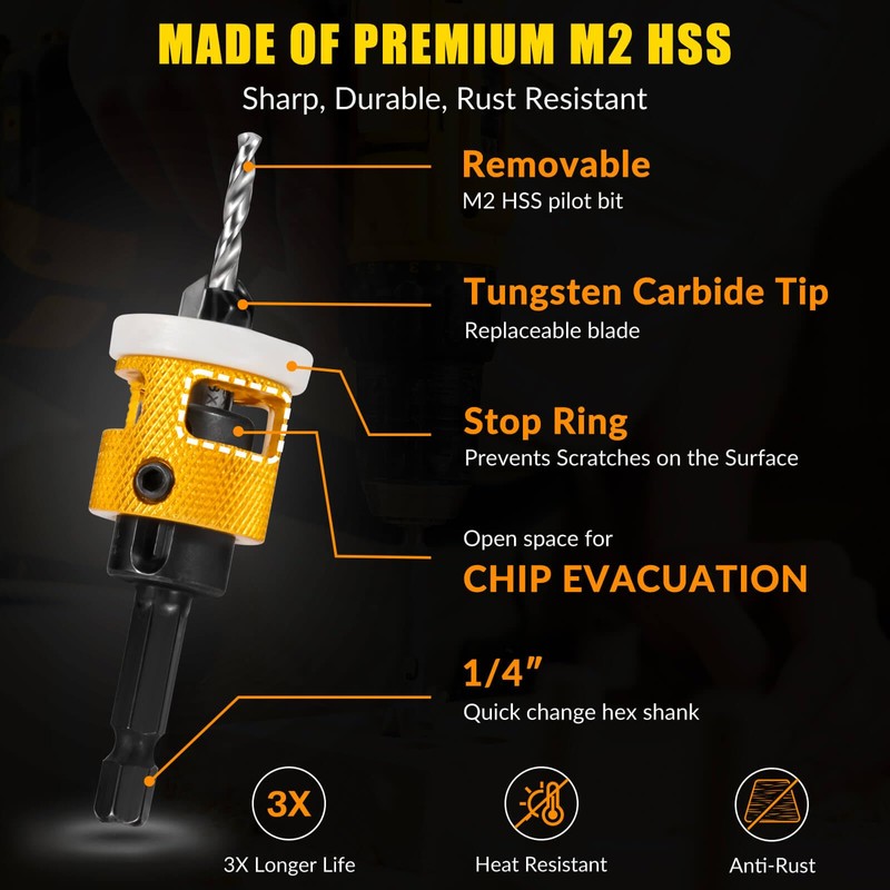 5PCS Countersink Drill Bit Set, Low Friction Depth Stop, 1/8
