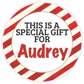 This is a Gift for Audrey - 100 Pack Circle Stickers 3 Inch - Candy Cane Merry Christmas Gift Tag Present Tree Holiday Custom Name Santa Claus
