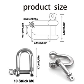 Shackle D Shape, 304 Stainless Steel D-Ring Shackle, D Shackle, Stainless Steel M6 Stainless Steel Shackle, D Shackle, D Ring Shackle, Straight, for Rigging Steel Rope Cords Chains Shackles, Pack of