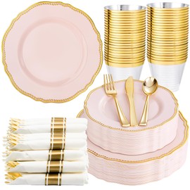 Hioasis 175pcs Pink and Gold Plastic Plates - Pink Plastic Dinnerware Set Includes 25 Dinner Plates, 25 Dessert Dinnerware, 25 Cups, 25 Napkins Perfect for Wedding & Party