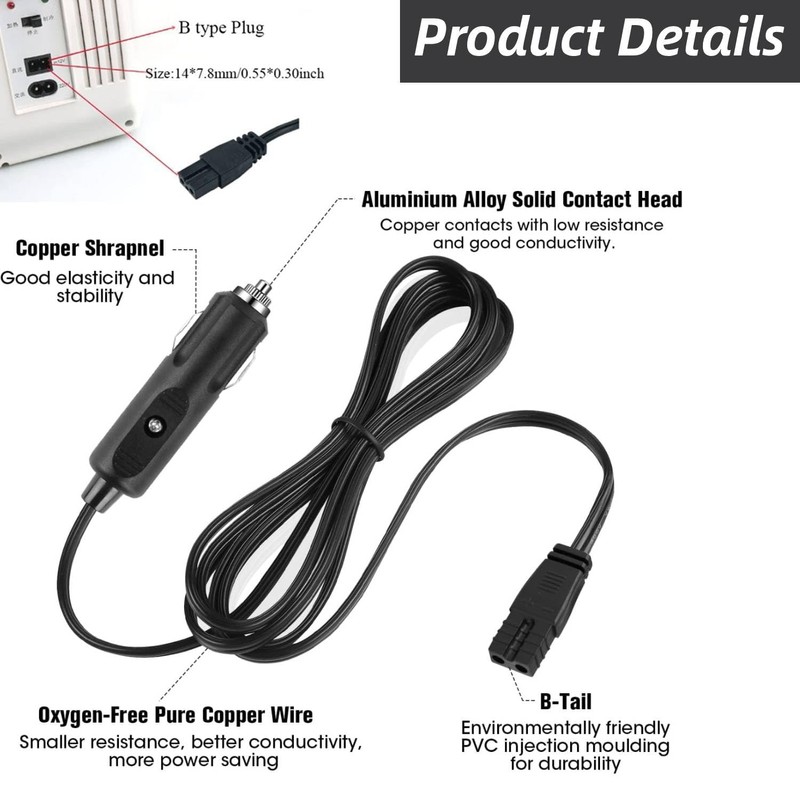2m 12V DC Car Refrigerator Power Cord - Durable Electric