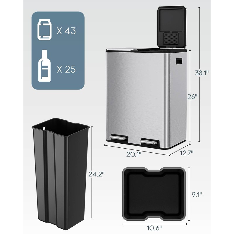 ComfyCorner 16 Gal (2 x 30 L) Dual Trash Can,