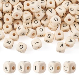 FASHEWELRY Wooden Alphabet Beads 12mm Letter A E I O U Vowels Loose Spacer Square Wooden Beads for DIY Necklace Bracelet Keychain Jewelry Making