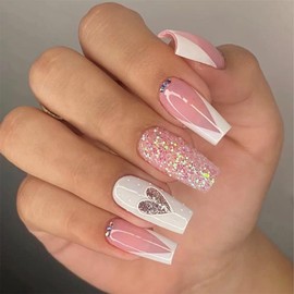 ANDGING White Press on Nails Medium Coffin French Tip Fake Nails with Glitter Pink Heart Rhinestone Design Square Glue on Nails for Women Acrylic False Nails with Glue Stick on Nails for Wedding 24Pc