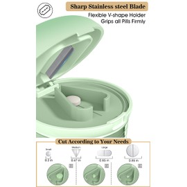 Pill Cutter Splitter with Dispenser, Pill Cutter for Small or Large Pills, Crushes Pills, Vitamins, Tablets, Stainless Steel Blade, Removable Drinking Cup (Green-1)