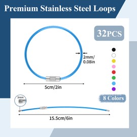 PEASUG 32 Pack Wire Keychain Cable, 2mm Thick Cable Stainless Steel Key Ring, 6 Inch Luggage Tags Loops for Keyrings, Key Tags, Luggage Tags, Kitchen Utensils-Assorted Colors