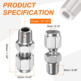 sourcing map 2pcs Compression Fitting 3mm Tube OD x 1/8" NPT Male Thread Stainless Steel Straight Coupler Adapter Compression Tube Pipe Fitting Connector for Oil Gas Water