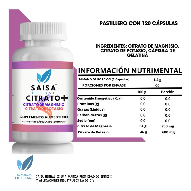 Citrato De Magnesio Y Potasio 120 Cp De 650 Mg
