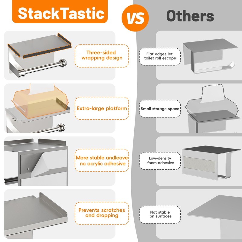 StackTastic Silver Toilet Paper Holder with Shelf - Wall Mount,