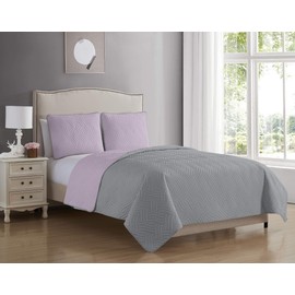 Blissful Living Reversible Luxury Pinsonic Solid Quilt Set Including Shams – Lightweight and Soft for All Year Round Comfort, (Lavender/Grey, Full/Queen)