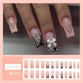 3D Bow Star Press on Nails Medium Square Fake Nails French Tip Acrylic Nail Press ons Reusable Artificial Nail White Bows Pearl False Nail Full Cover Glue on Nails for Women Girls Manicure, 24Pcs
