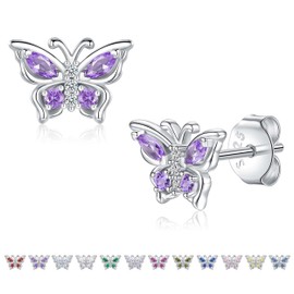SOLOLIKE Sterling Silver Butterfly Earrings with February Birthstone - Amethyst Stud Earrings Dainty Birthstones Stud Earring for Teens Women Birthday Mother's Day Jewelry Gifts for Mother Daughter