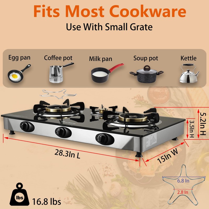 BesNerg Propane Stove 3 Burner Gas Stove, 34000 BTU High-Efficiency