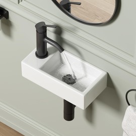 Small Wall Mounted Bathroom Sink, QISHKA 14.5" x 7" Ceramic Rectangar Wall Hung Vessl Sink White Wash Basin, Save Space for Mini Bathroom (Left Hand)