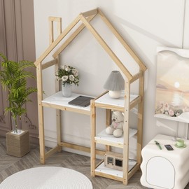 House-Shaped Study Desk with Bookshelf & Toy Storage Natural Pine Wood Writing Table for Bedroom