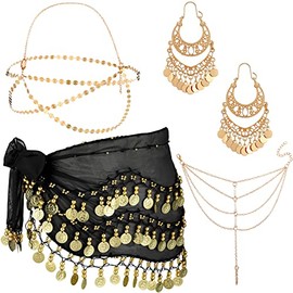 Sureio - 4 accesorios de disfraz gitana, accesorios de danza del vientre, pañuelo de cadera, cinturón envolvente, aretes de gota, cadena para cabello,