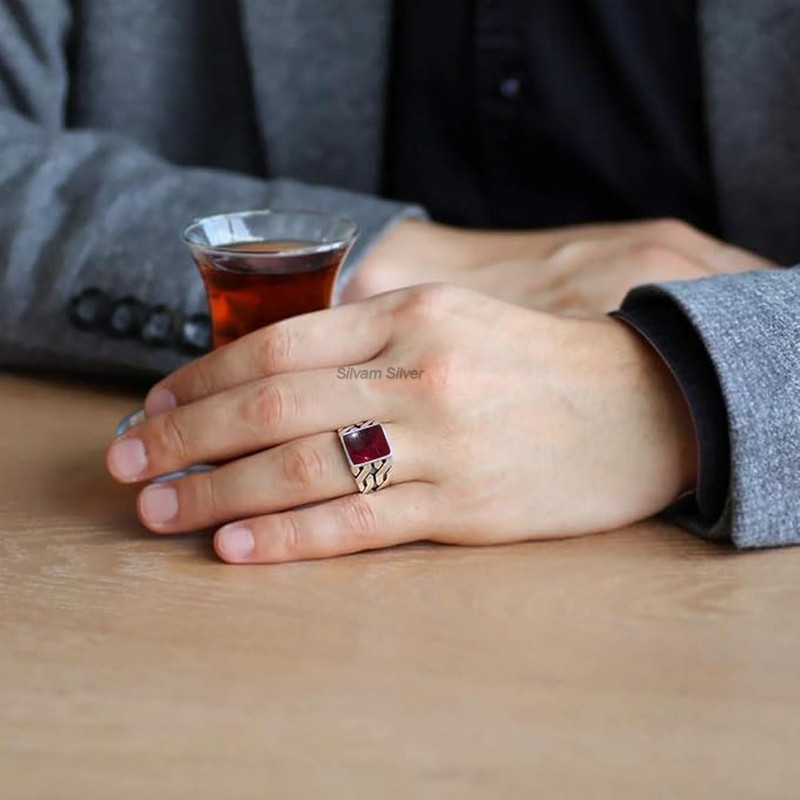 Garnet Solid 925 Sterling Silver Rectangle Shape Gemstone Men Signet