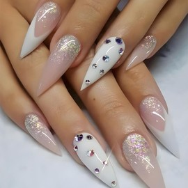 ANDGING Stiletto Press-on Nails - White Medium Length with fake, Acrylic Ombre Rhinestone Designs - Fancy Gel Manicure False Nails for Women - Wedding Ready