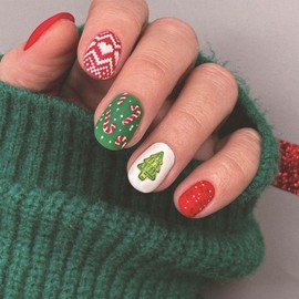 Christmas Press on Nails Short Square Fake Nails Christmas Tress with Cane Design Red False Nails Green Acrylic Nails Stick on Nail Full Cover Glossy Glue on Nails Xmas Nail Art for Women 24Pcs