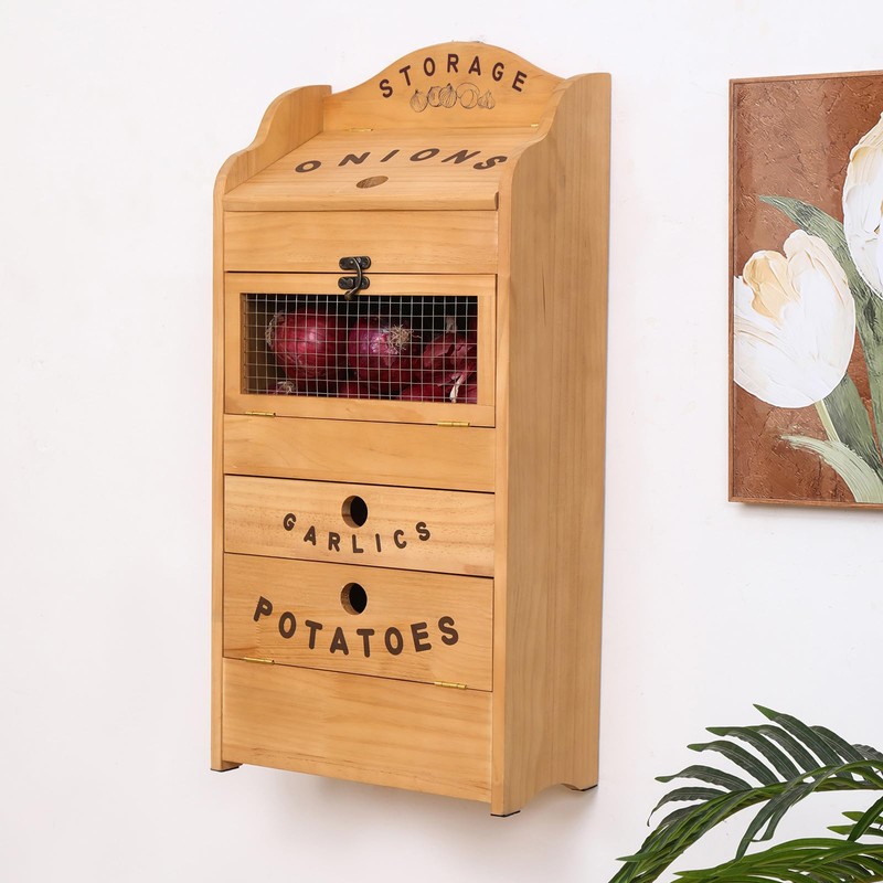 Potato Bin Veggie Organizer Rustic Pine Wood Potato, Onion &