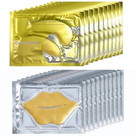KlsyChry 24K Gold Gel Crystal Collagen Lip and Eye Mask Set, 10 Pairs Gold Eye Mask & 10 Pcs Gold Lip Mask for Moisturizing, Anti Wrinkle, Anti-Aging Hydrating Lips Patches and Under Eye Gel Pads