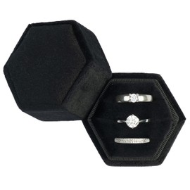 POKOFO Equal Hexagon Velvet Ring Box Storage 3 Slots for Wedding Ceremony Proposal Engagement Birthday (Black)