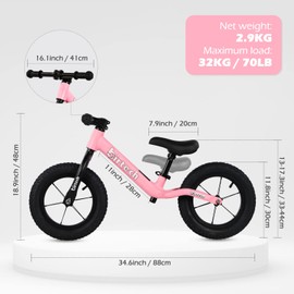 12" Balance Bike for 2, 3, 4, 5 Year Old Boys and Girls, Lightweight Nylon Frame Toddler Training Bike No Pedal Bikes for Kids with Adjustable Seat and Air Tires (Pink)