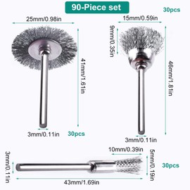 90 Piece Wire Brush Set, Cup Brush Drill, 3 mm Shaft Stainless Steel Brush Brush, for Drill, Polishing, Grinding, Cleaning