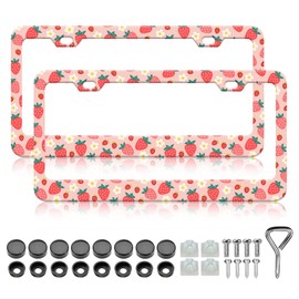 HCSS 2PCS Cute Strawberry License Plate Frame, Pink Aluminum Metal License Plate Holder, Strawberry Car Accessory, Rust-Proof Waterproof Car Decorative Tag Frames for Standard US 12x6 Inch