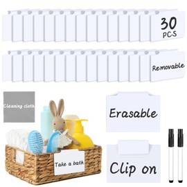 DANRONG 33PCS Basket Labels Clip On, 30 Labels for Storage Bins Removable With 2 Chalk Markers & 1 Wipe, Kitchen Pantry Labels, Plastic Storage Bin Labels, Label Holder, Basket Tags, Bin Clips (White)