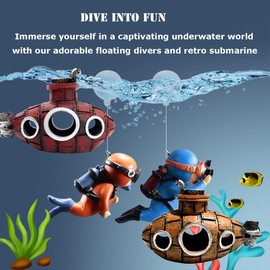 TARANDUS 4 Pcs Fun and Vibrant Fish Tank Decorations - Cute Floating Diver and Retro Submarine Set - Perfect Aquarium Accessories for Betta Fish and Floating Aquarium Decor (Style-01)