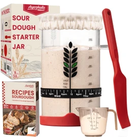 Sourdough Starter Kit - 38oz, with Cookbook, Measuring Cup, Spatula, Wide Mouth Jar Cover, Thermometer, Date Marked Feeding Band, Sourdough Starter Jar Glass for Baker, Sourdough Bread Baking Supplies