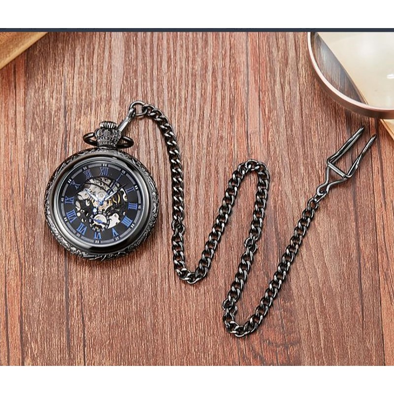 YIHAOYH Men's Mechanical Skeleton Pocket Watch Roman Numerals Dial Steampunk