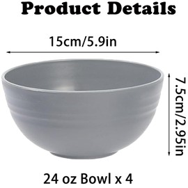 Unbreakable Wheat Straw Cereal Bowls Set of 4, 24 OZ Microwave and Dishwasher Safe Lightweight Soup and Salad Bowl Sets, Reusable Dessert Bowls for Rice, Pasta, Snack, Fruit, BPA Free (Gray)