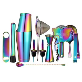 Cocktail Shaker Set - 13-Piece Bar Accessories Kit w/Weighted Boston Shaker, Strainer, Jigger, Muddler,Mixing Spoon and More - Home Bartending Tools, Accessories for Bartender, Rainbow